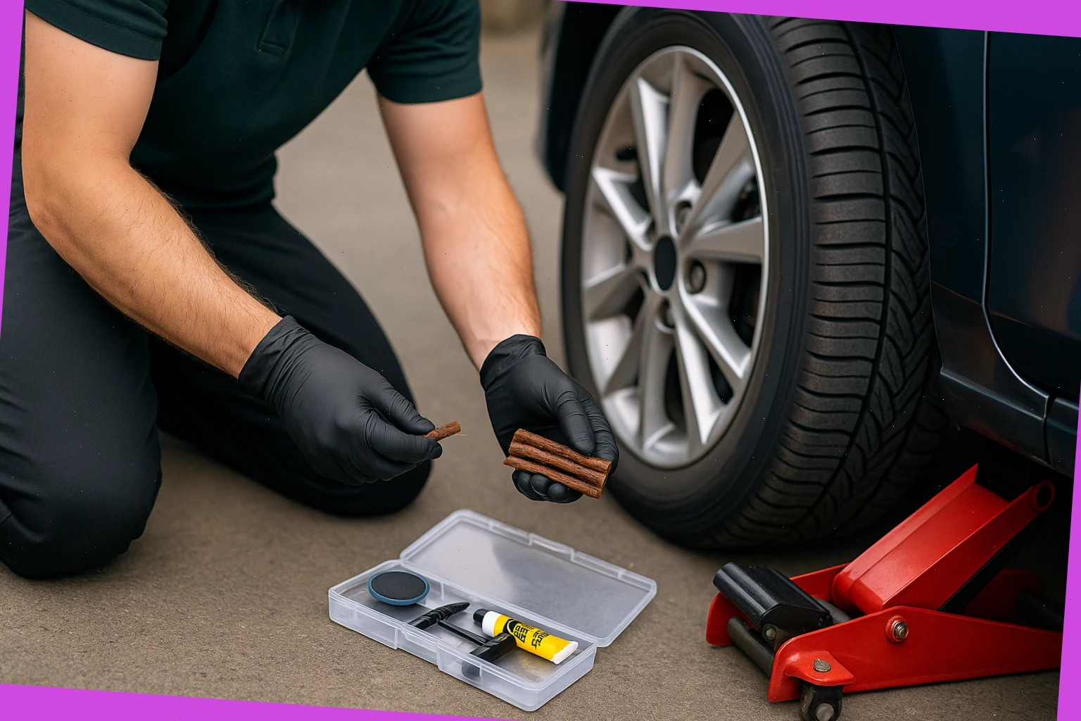 Technician preparing a plug and patch kit beside a wheel on a low jack