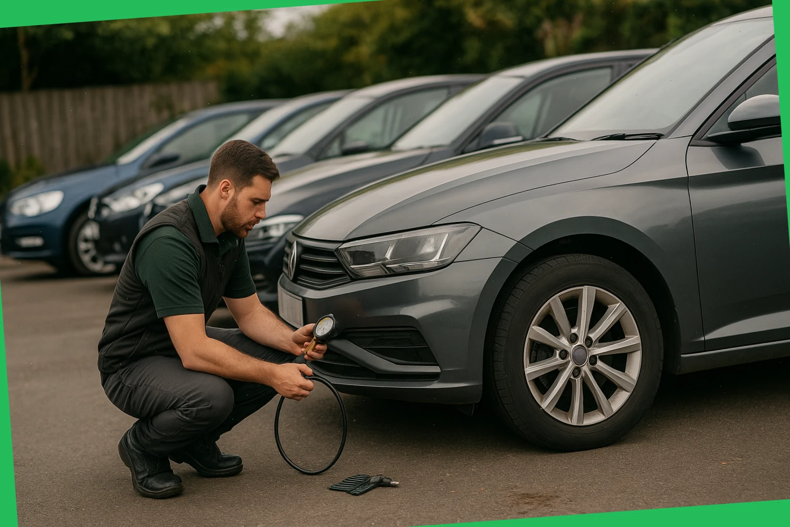Row of parked cars getting simple pressure and tread checks at a small lot