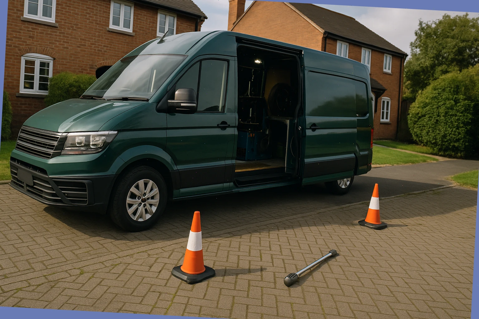 Mobile tyre van set up on a driveway with cones and torque wrench ready